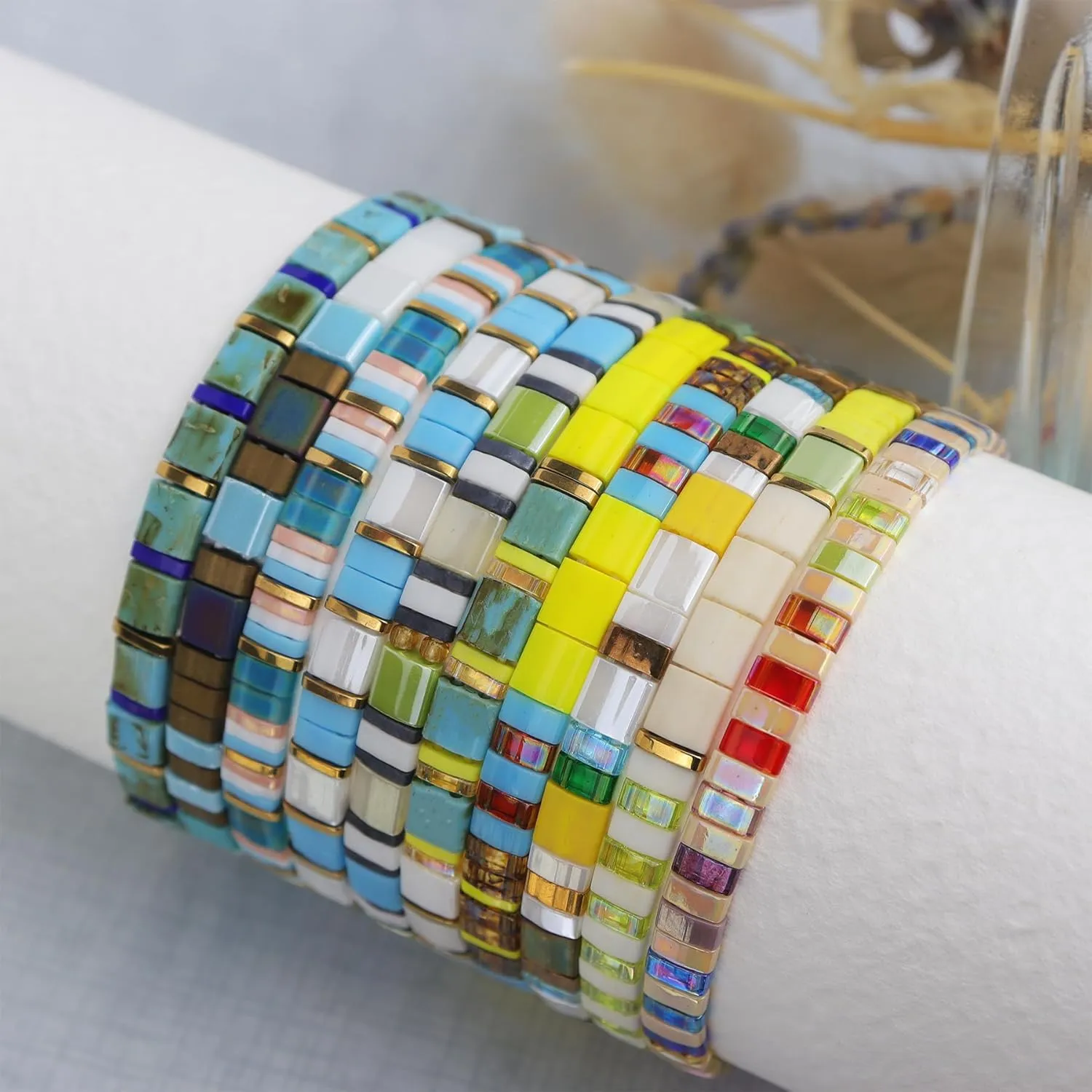 Tila Flat Beaded Stretch Bracelets for Women, Trendy Unique Handmade Stackable Green Blue Square Beads Miyuk Link Bracelet Summer Jewelry Gift