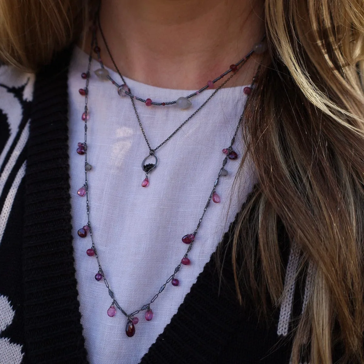 Tiny Oxidized Silver Arabesque Necklace in Pink Quartz