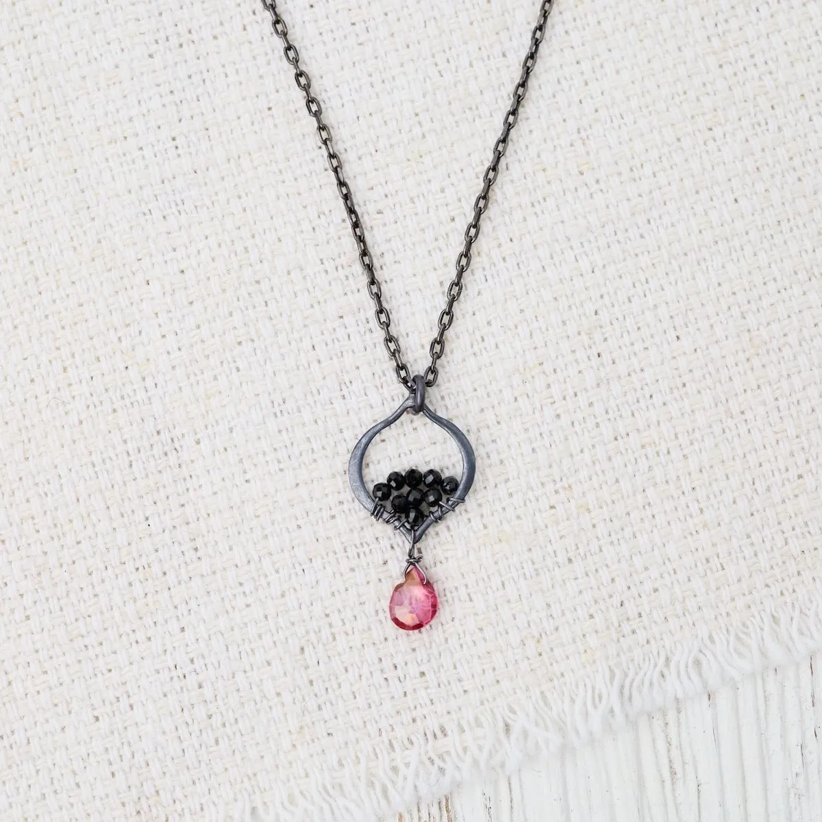 Tiny Oxidized Silver Arabesque Necklace in Pink Quartz