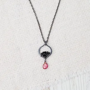 Tiny Oxidized Silver Arabesque Necklace in Pink Quartz