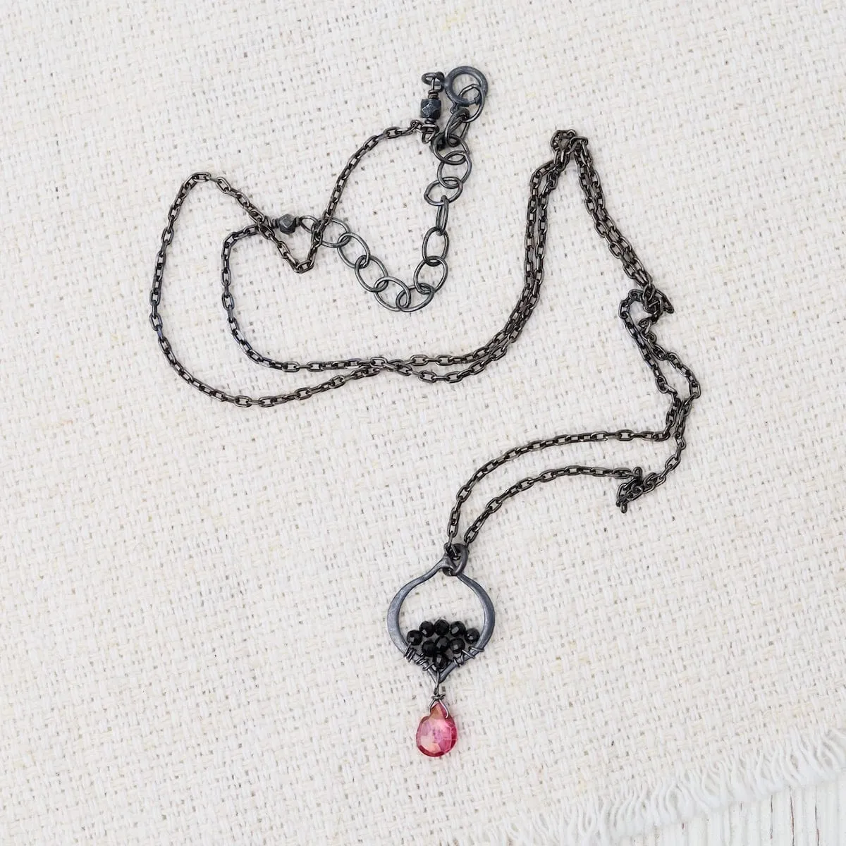 Tiny Oxidized Silver Arabesque Necklace in Pink Quartz