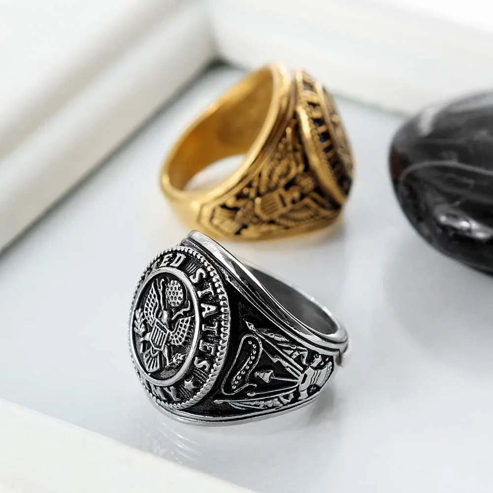 Titanium Steel Army Military Ring Eagle Medal Rings for Men Vintage Jewelry