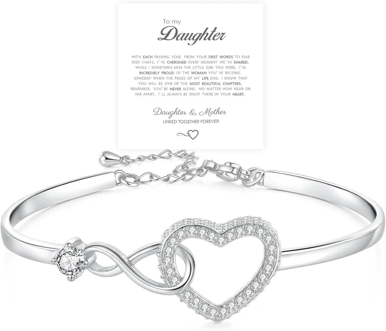 To My Daughter Forever Connected Bracelet, ziella Infinity Forever Love Heart Bracelets, Mom's Strength And Love Are Alwayswith Her, Adjustable Inspirational Gift Jewelry for Daughter