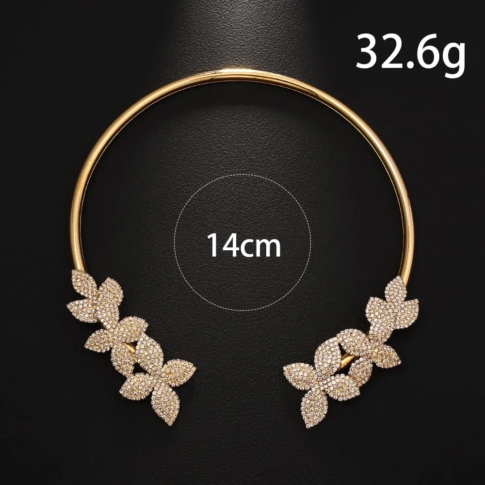 Torque Rhinestone Flower Chunky Necklace Choker Open Collar Crystal Statement Necklace for Women Trendy Boho Jewelry