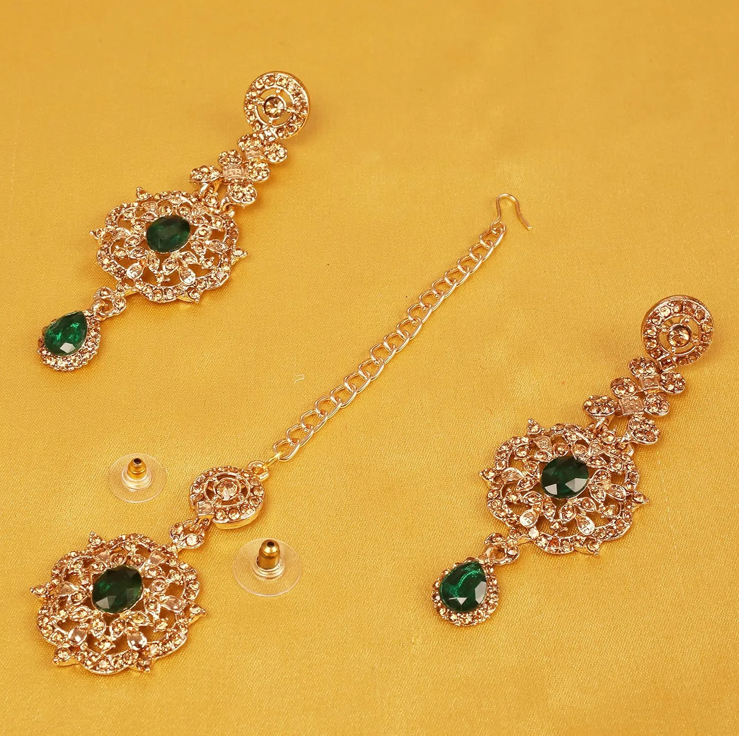 Touchstone Indian Bollywood Stylish Contemporary Designer Jewelry Wedding Earrings Mangtika Head Accessory Combo in Gold or Silver Tone for Women.