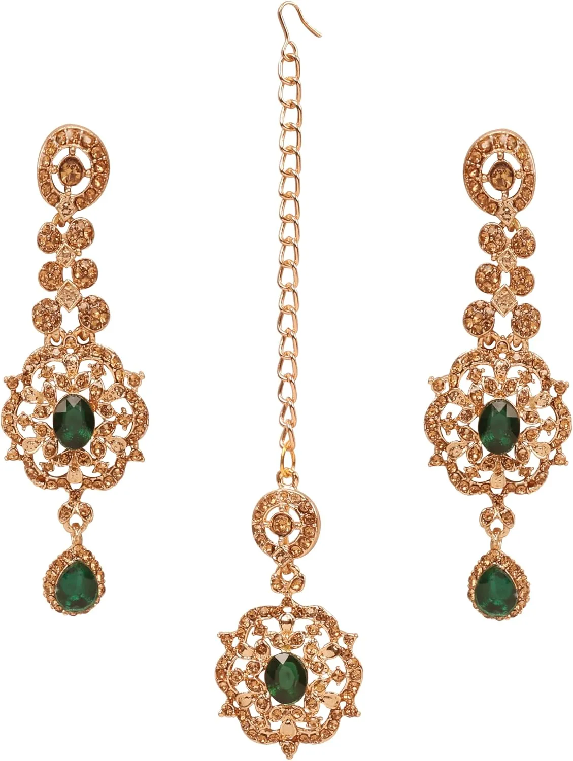Touchstone Indian Bollywood Stylish Contemporary Designer Jewelry Wedding Earrings Mangtika Head Accessory Combo in Gold or Silver Tone for Women.