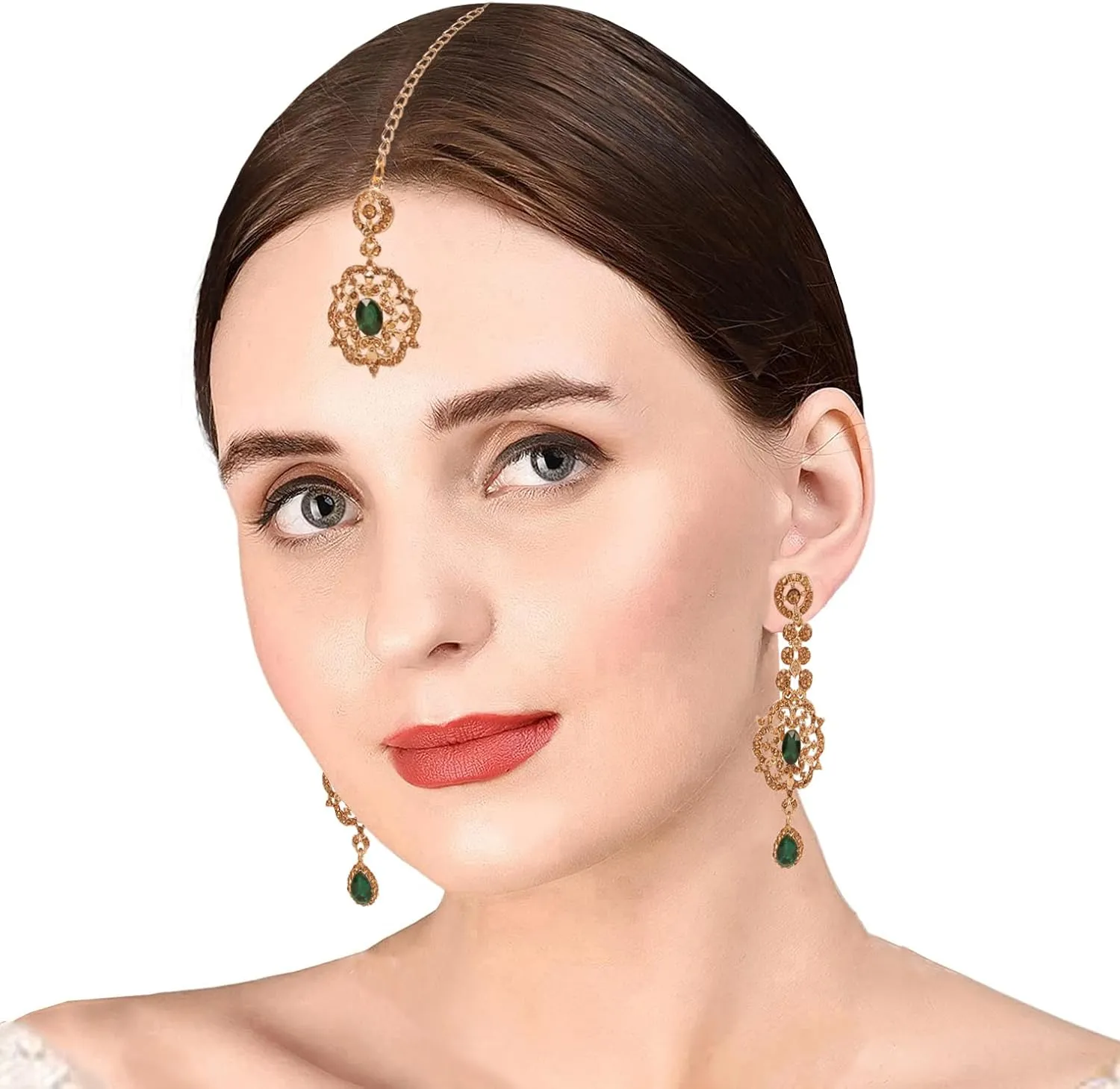 Touchstone Indian Bollywood Stylish Contemporary Designer Jewelry Wedding Earrings Mangtika Head Accessory Combo in Gold or Silver Tone for Women.