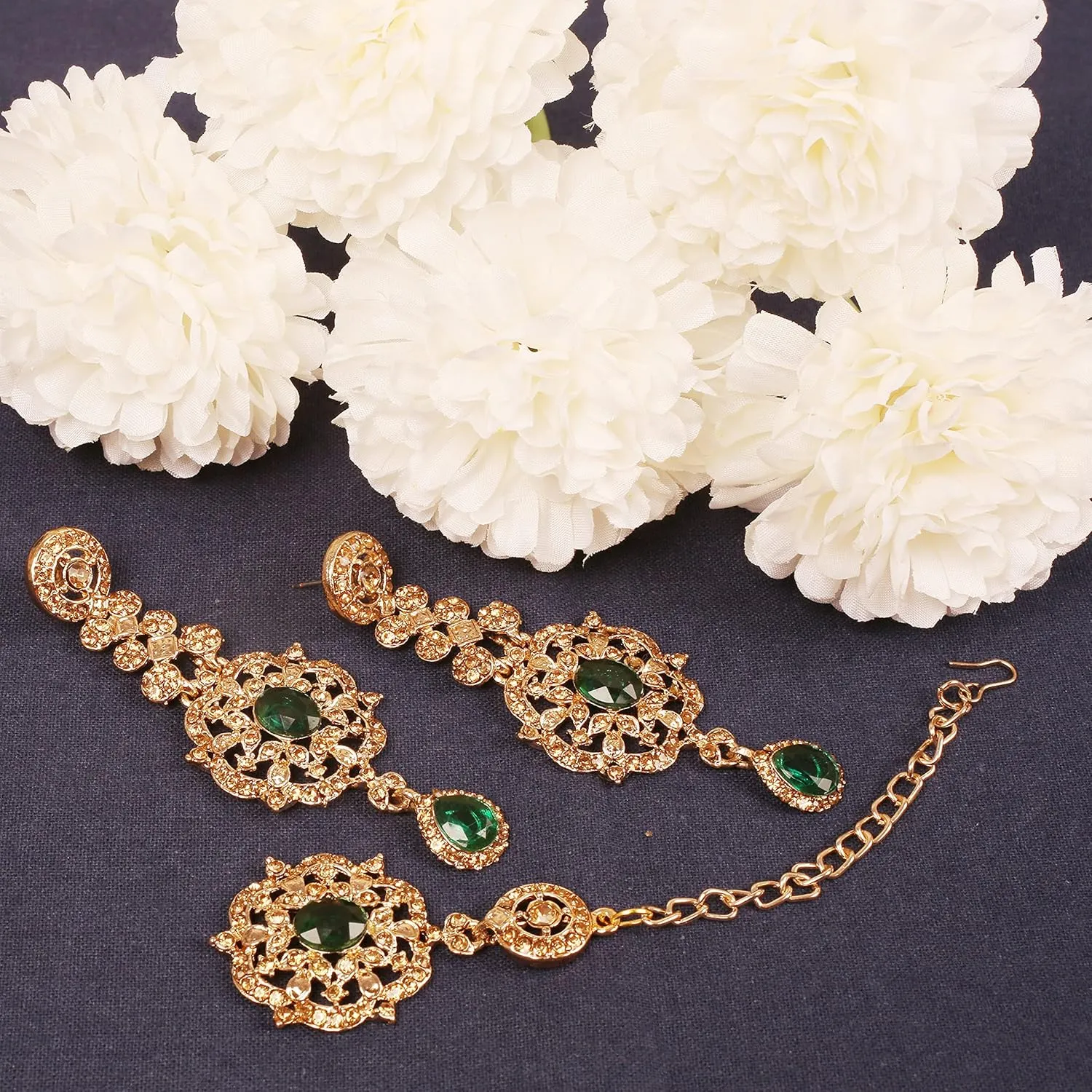 Touchstone Indian Bollywood Stylish Contemporary Designer Jewelry Wedding Earrings Mangtika Head Accessory Combo in Gold or Silver Tone for Women.