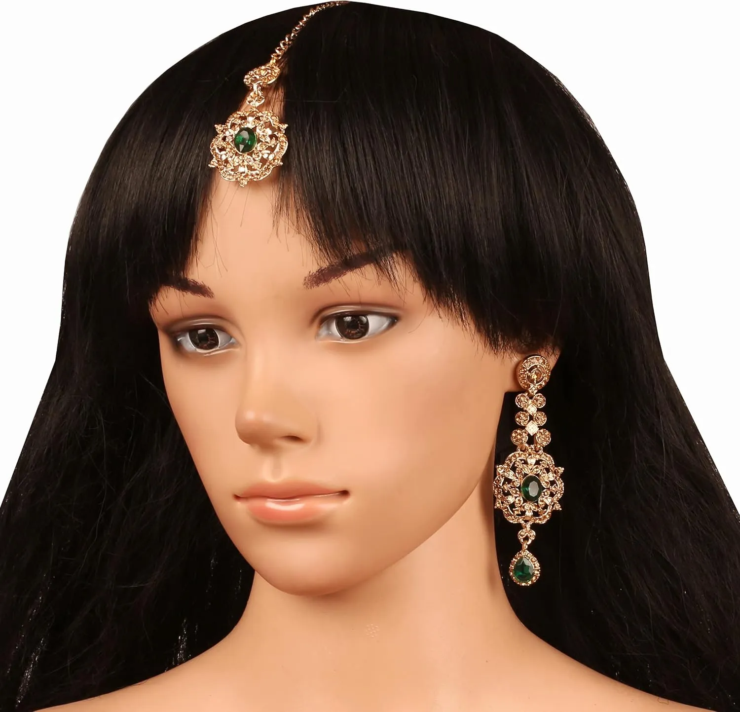 Touchstone Indian Bollywood Stylish Contemporary Designer Jewelry Wedding Earrings Mangtika Head Accessory Combo in Gold or Silver Tone for Women.
