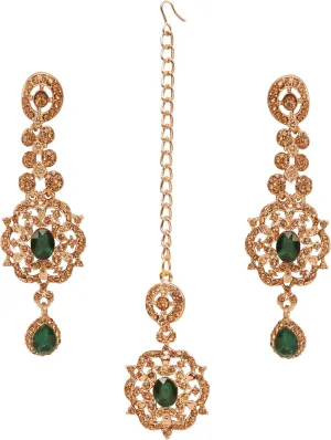 Touchstone Indian Bollywood Stylish Contemporary Designer Jewelry Wedding Earrings Mangtika Head Accessory Combo in Gold or Silver Tone for Women.