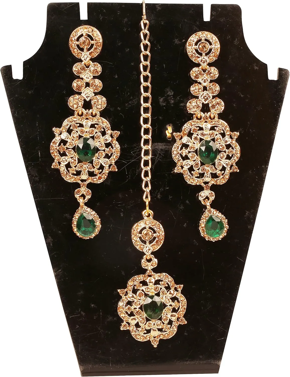 Touchstone Indian Bollywood Stylish Contemporary Designer Jewelry Wedding Earrings Mangtika Head Accessory Combo in Gold or Silver Tone for Women.