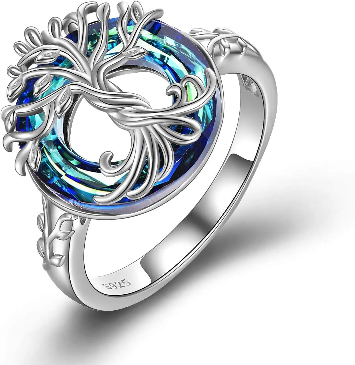 TOUPOP Tree of Life Rings s925 Sterling Silver Family Tree Rings with Blue Crystal Jewelry Gifts for Women Mom Girls Birthday Christmas