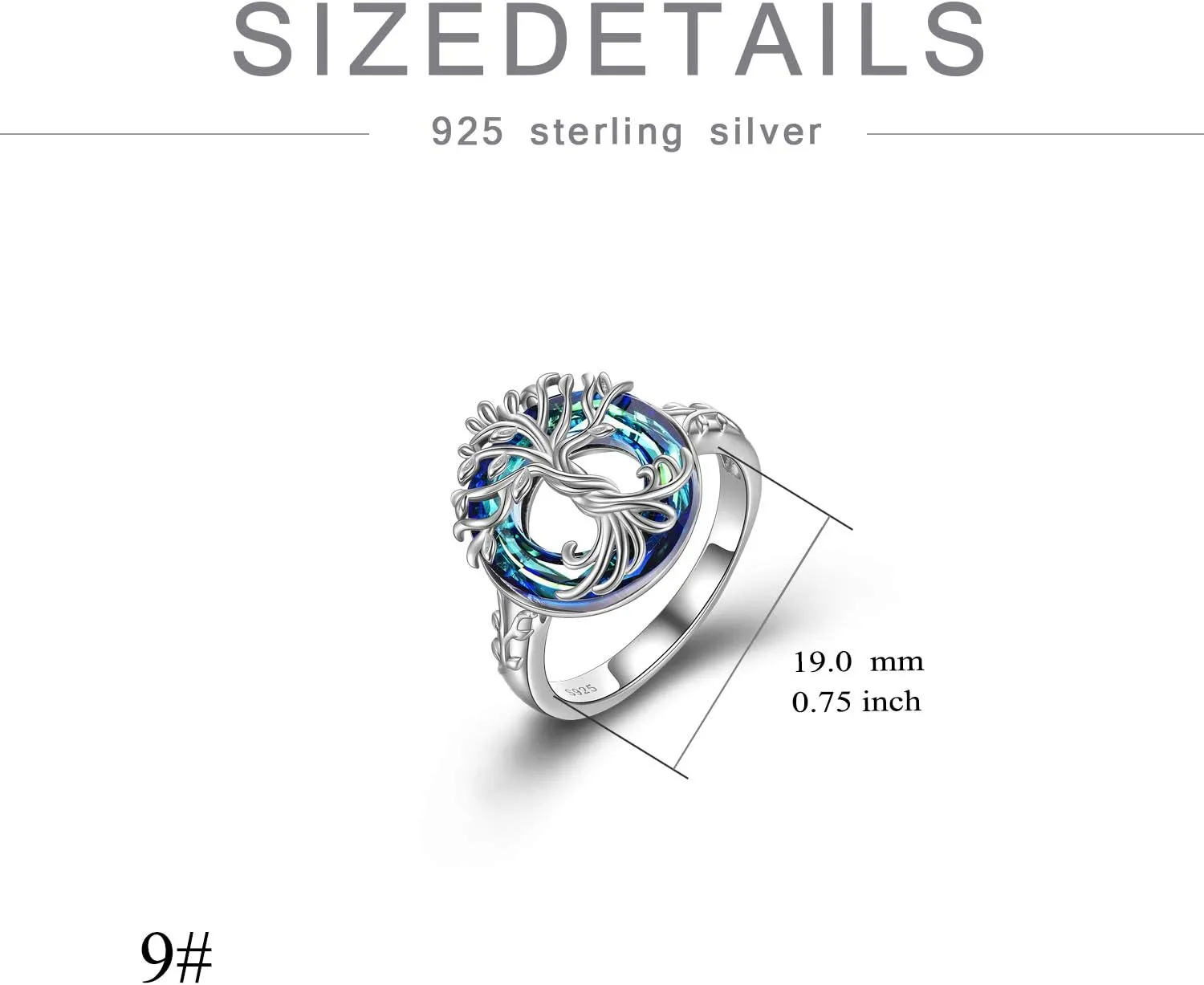 TOUPOP Tree of Life Rings s925 Sterling Silver Family Tree Rings with Blue Crystal Jewelry Gifts for Women Mom Girls Birthday Christmas