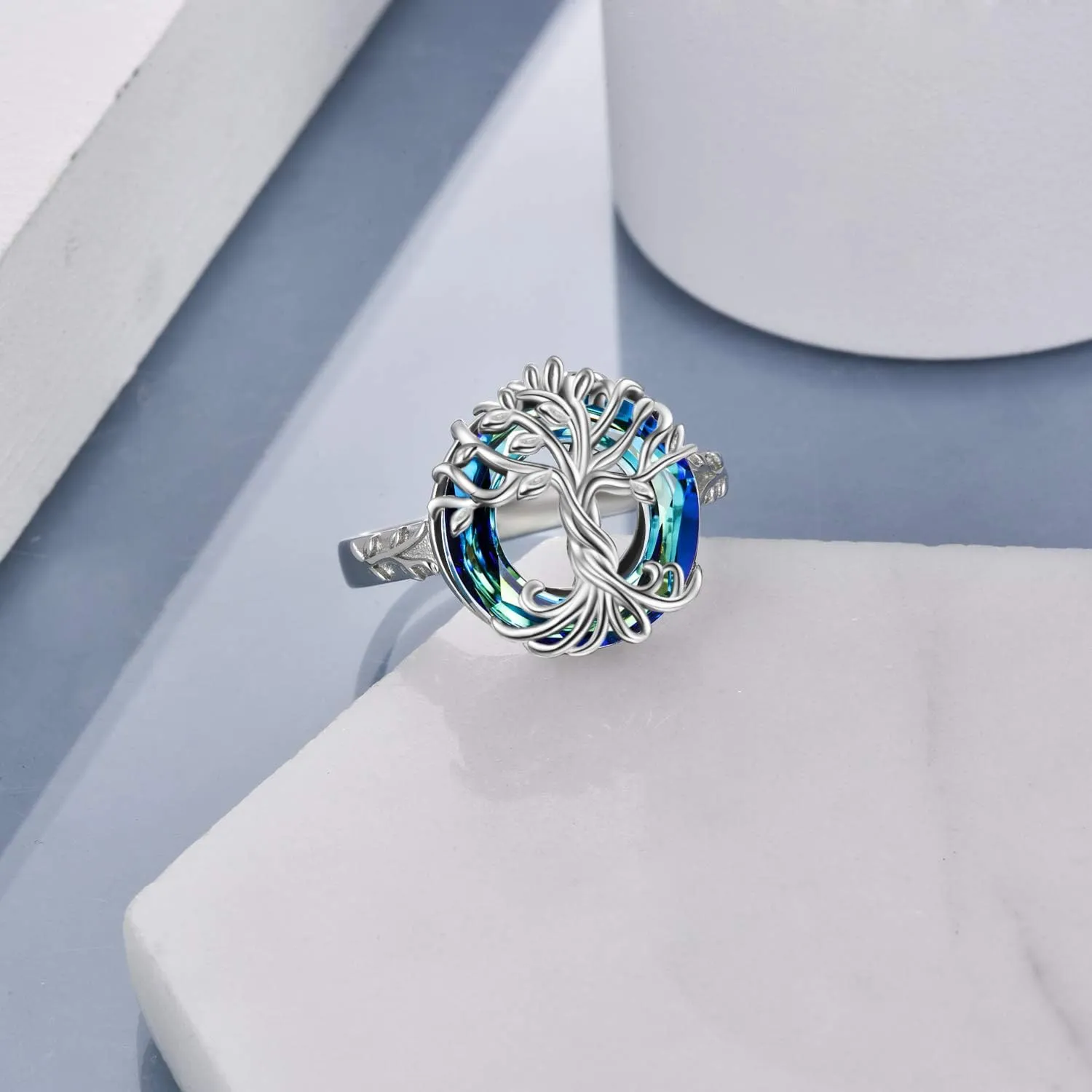 TOUPOP Tree of Life Rings s925 Sterling Silver Family Tree Rings with Blue Crystal Jewelry Gifts for Women Mom Girls Birthday Christmas