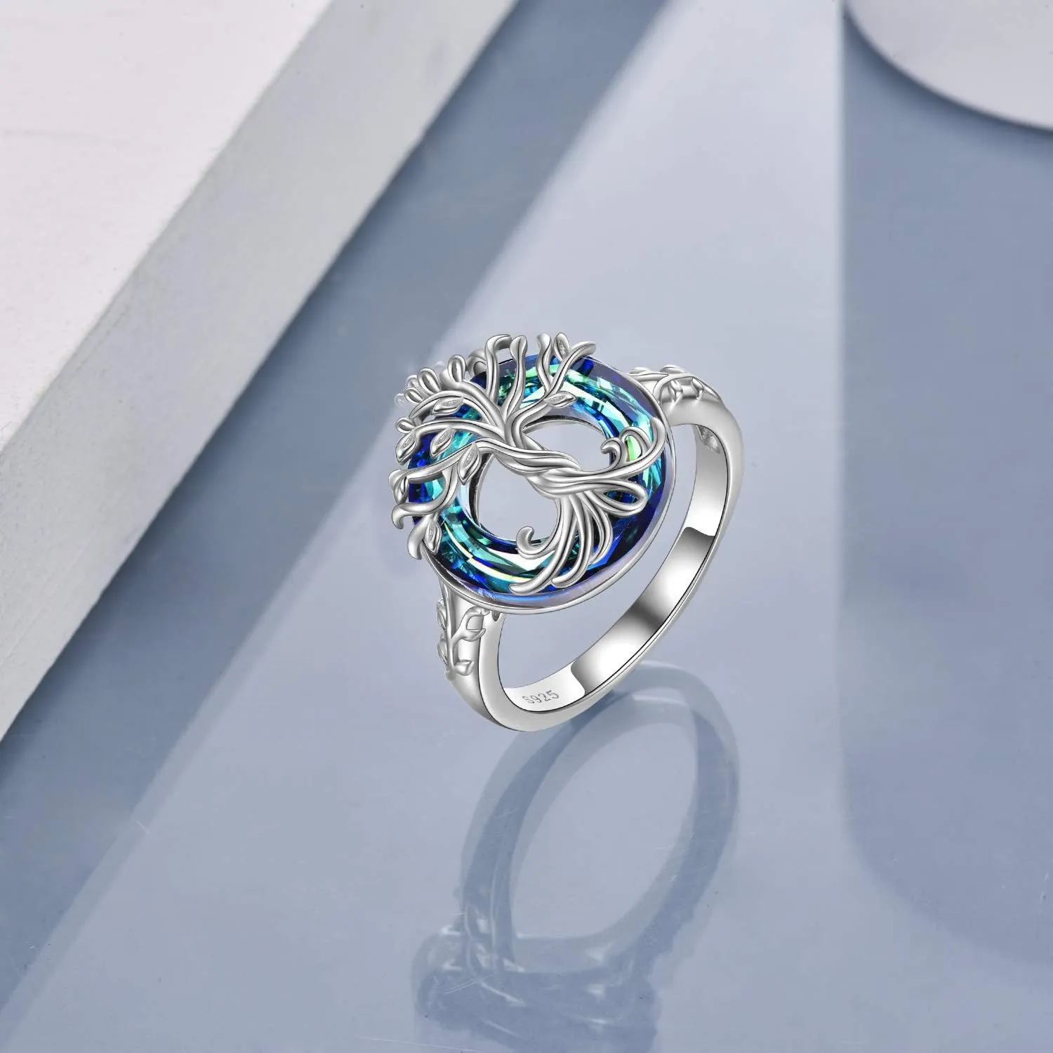 TOUPOP Tree of Life Rings s925 Sterling Silver Family Tree Rings with Blue Crystal Jewelry Gifts for Women Mom Girls Birthday Christmas