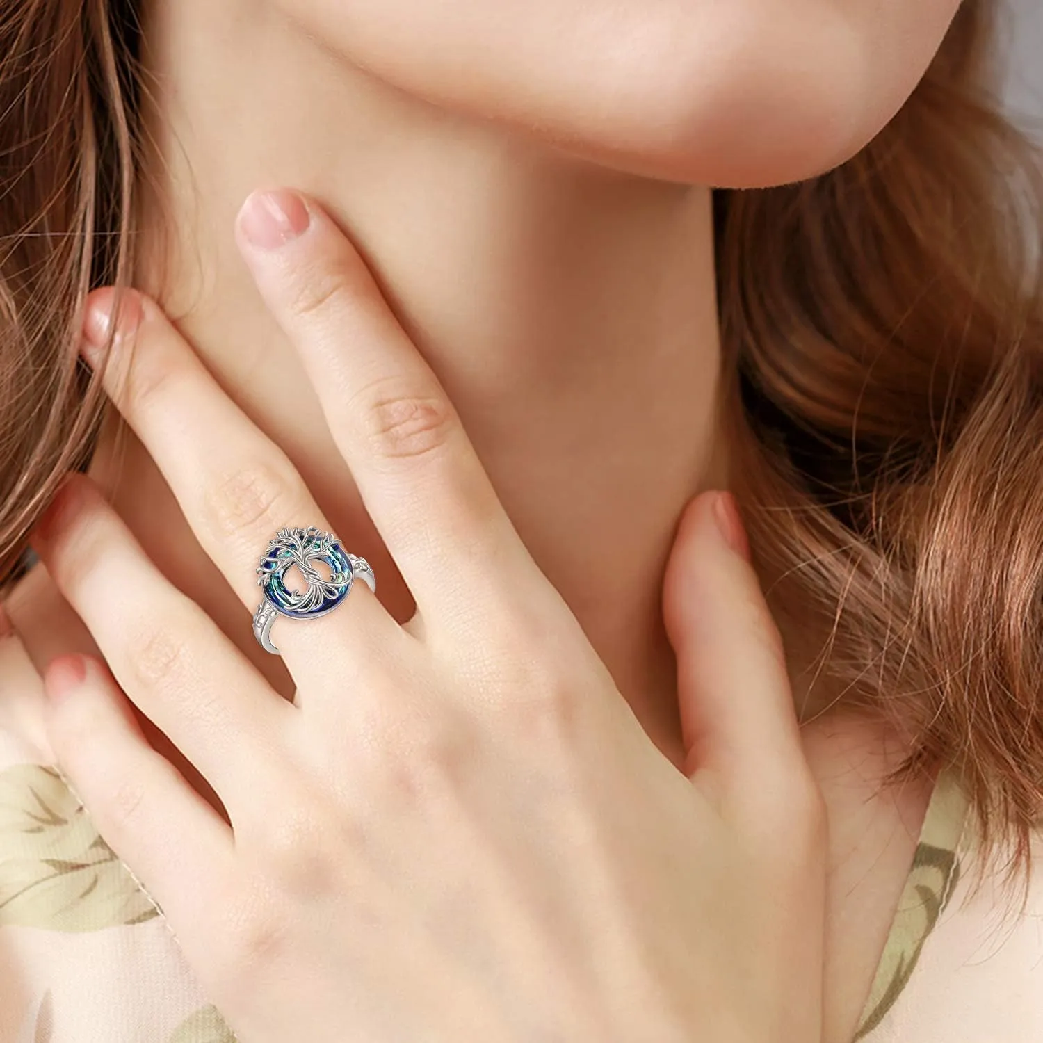 TOUPOP Tree of Life Rings s925 Sterling Silver Family Tree Rings with Blue Crystal Jewelry Gifts for Women Mom Girls Birthday Christmas