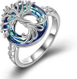 TOUPOP Tree of Life Rings s925 Sterling Silver Family Tree Rings with Blue Crystal Jewelry Gifts for Women Mom Girls Birthday Christmas