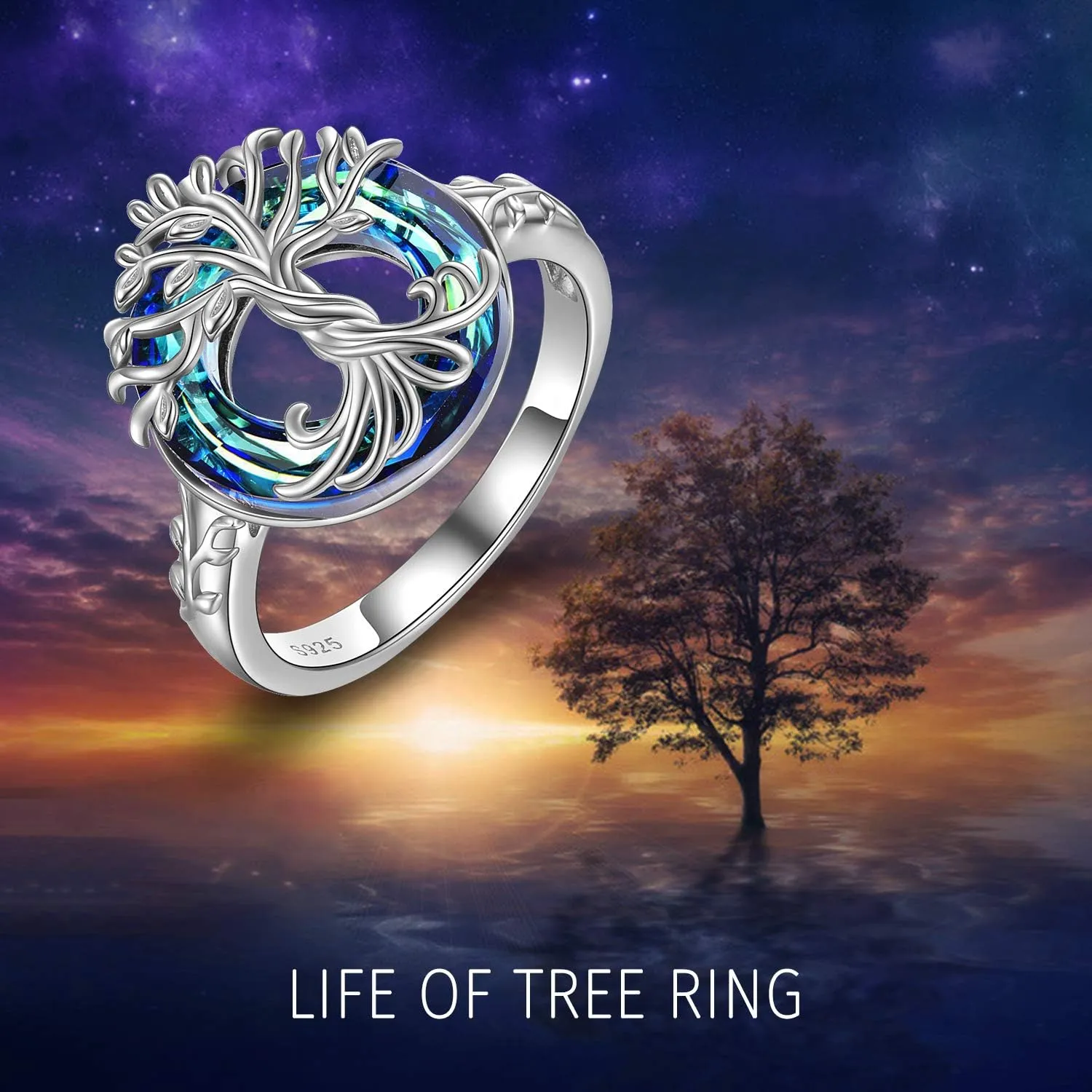 TOUPOP Tree of Life Rings s925 Sterling Silver Family Tree Rings with Blue Crystal Jewelry Gifts for Women Mom Girls Birthday Christmas