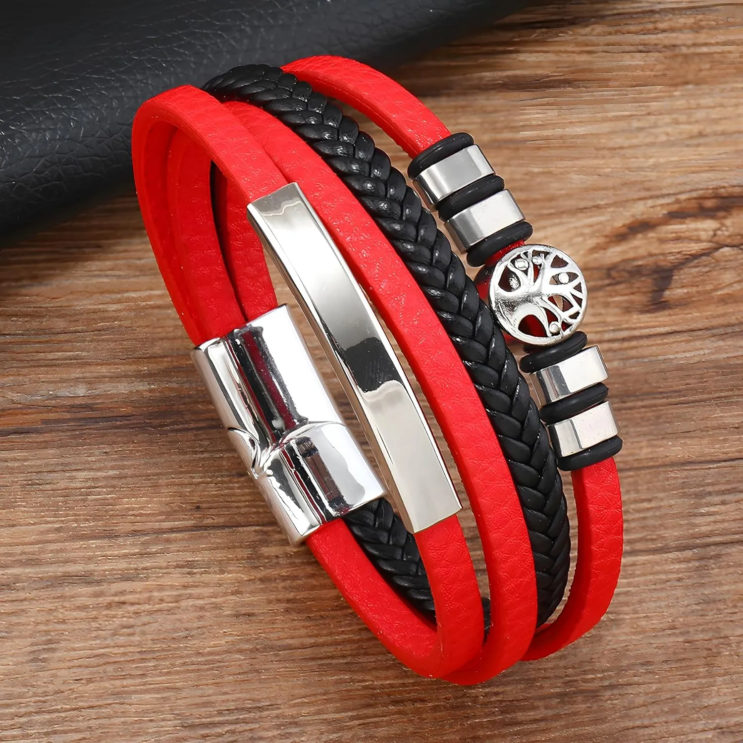 Tree of Life Leather Bracelets, Mens Multi-Layer Braided Religious Boho Charms Women Cuff Bracelets with Alloy Clasp Anniversary Father's Day Birthday Christmas Jewelry Gifts for Him