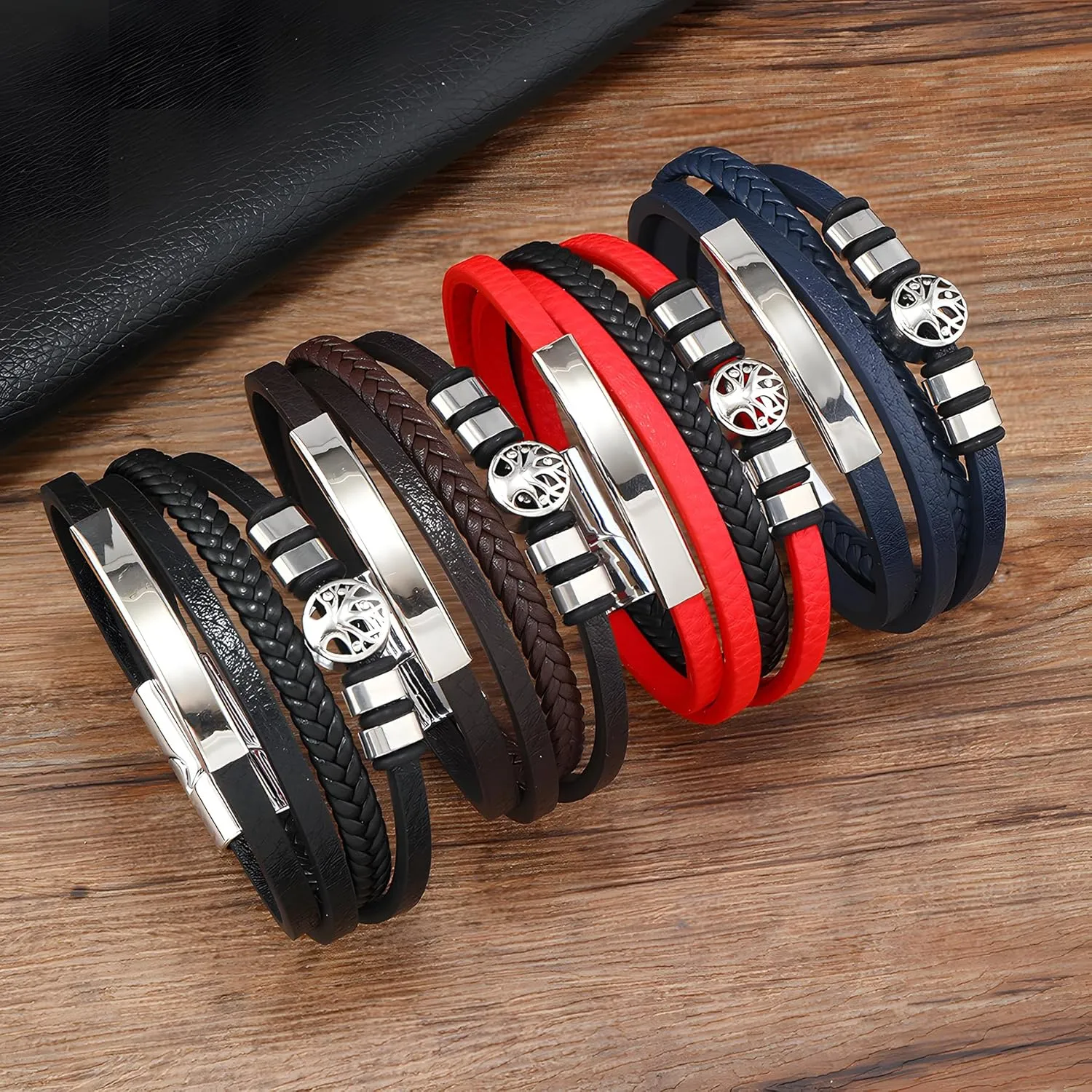 Tree of Life Leather Bracelets, Mens Multi-Layer Braided Religious Boho Charms Women Cuff Bracelets with Alloy Clasp Anniversary Father's Day Birthday Christmas Jewelry Gifts for Him