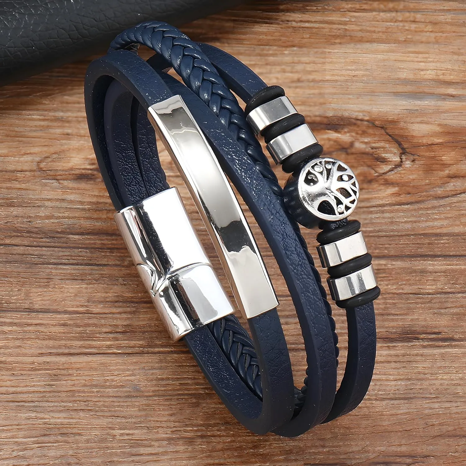 Tree of Life Leather Bracelets, Mens Multi-Layer Braided Religious Boho Charms Women Cuff Bracelets with Alloy Clasp Anniversary Father's Day Birthday Christmas Jewelry Gifts for Him