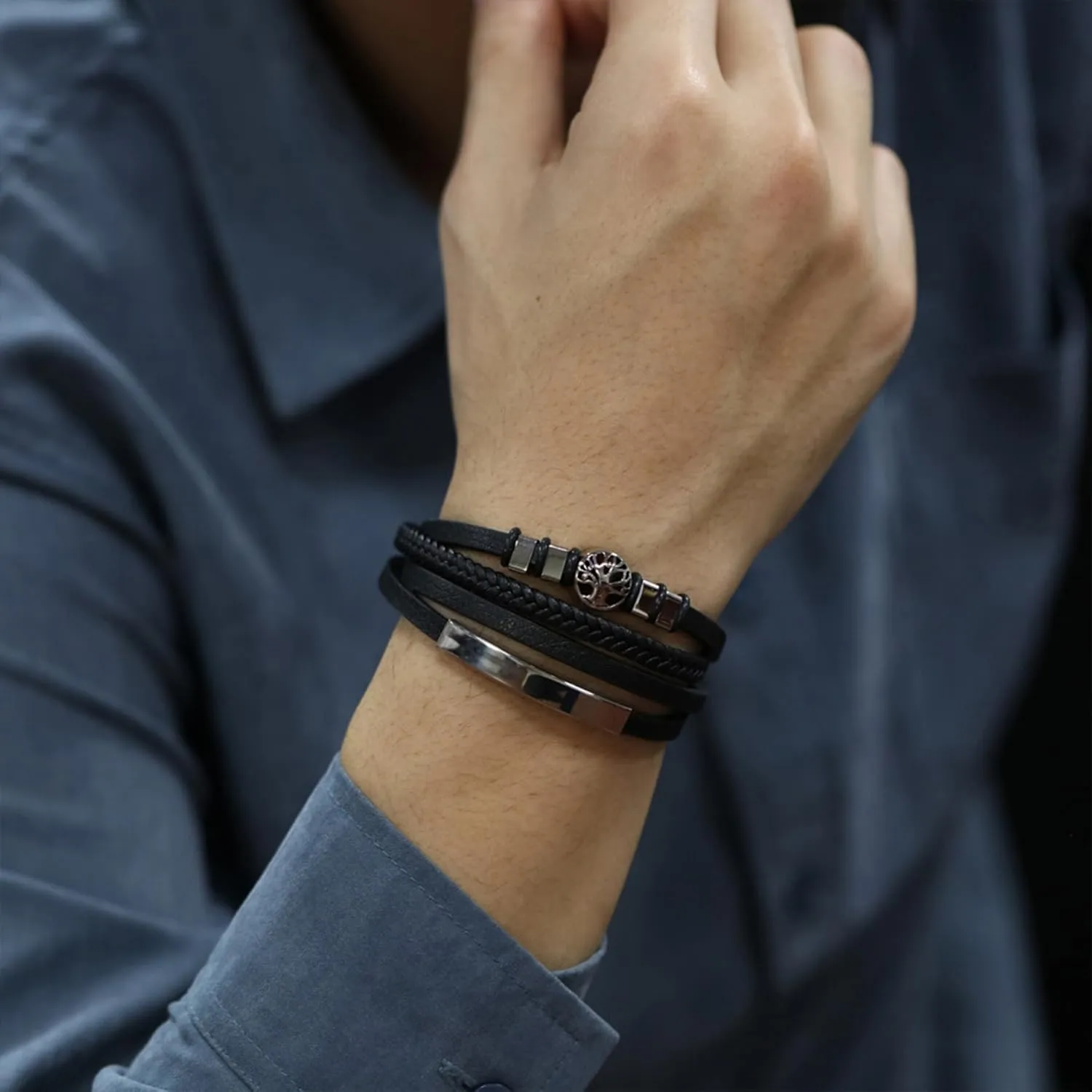 Tree of Life Leather Bracelets, Mens Multi-Layer Braided Religious Boho Charms Women Cuff Bracelets with Alloy Clasp Anniversary Father's Day Birthday Christmas Jewelry Gifts for Him
