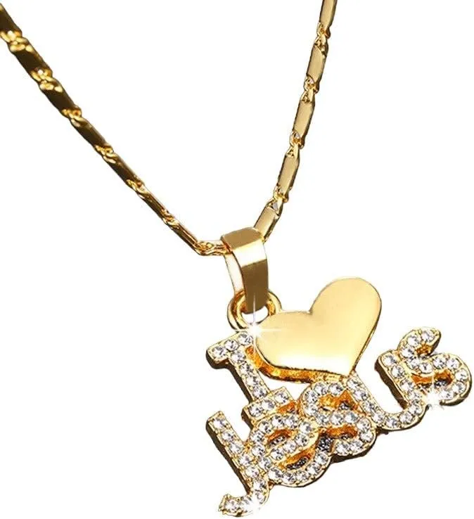 Trendy Letter I Love Jesus Shape Pendant Necklace Women's Necklace Bohemian Crystal Inlaid Pendant Religious Accessories Jewelry