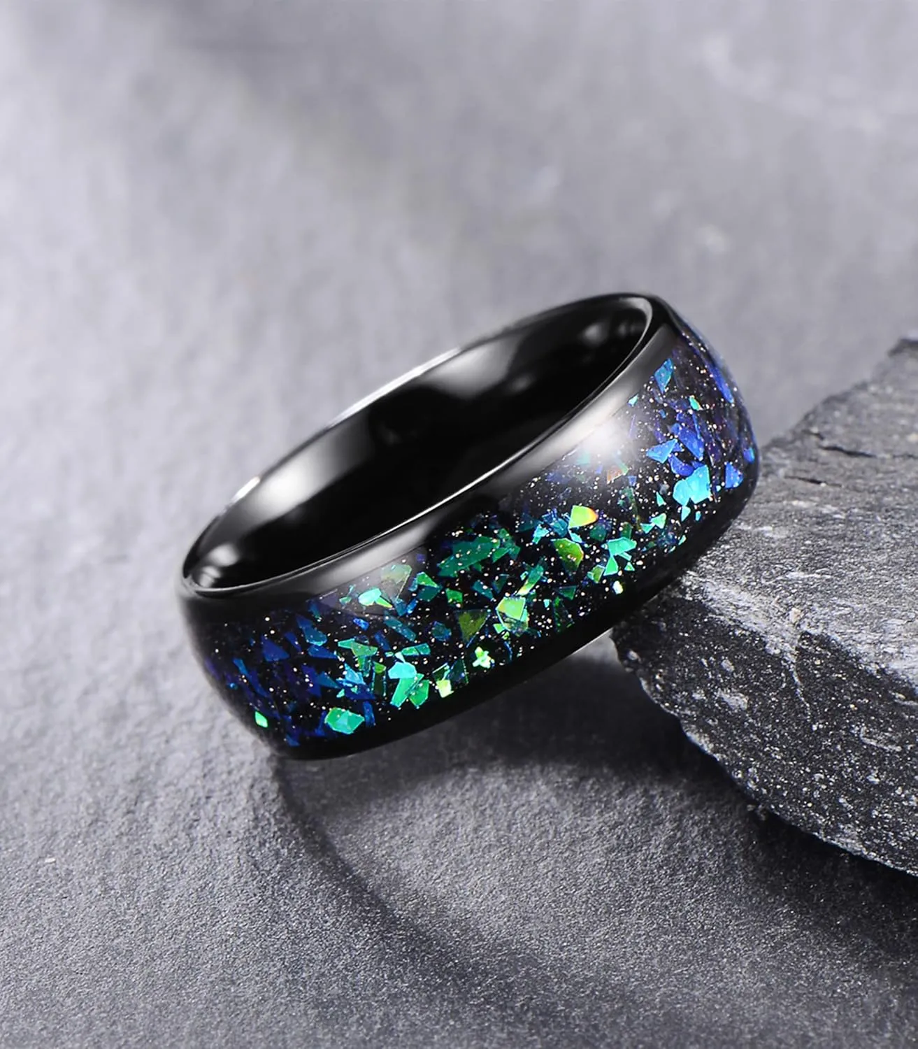 Truly Alpha Tungsten Rings for Men - Galaxy Style Mens Wedding Ring | 8mm, Green and Blue Crushed Opal Inlay Ring | Opal Inlay wedding bands for him and her | Unisex Tungsten Carbide Mens Rings