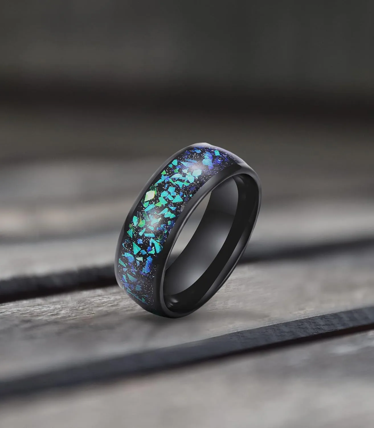 Truly Alpha Tungsten Rings for Men - Galaxy Style Mens Wedding Ring | 8mm, Green and Blue Crushed Opal Inlay Ring | Opal Inlay wedding bands for him and her | Unisex Tungsten Carbide Mens Rings