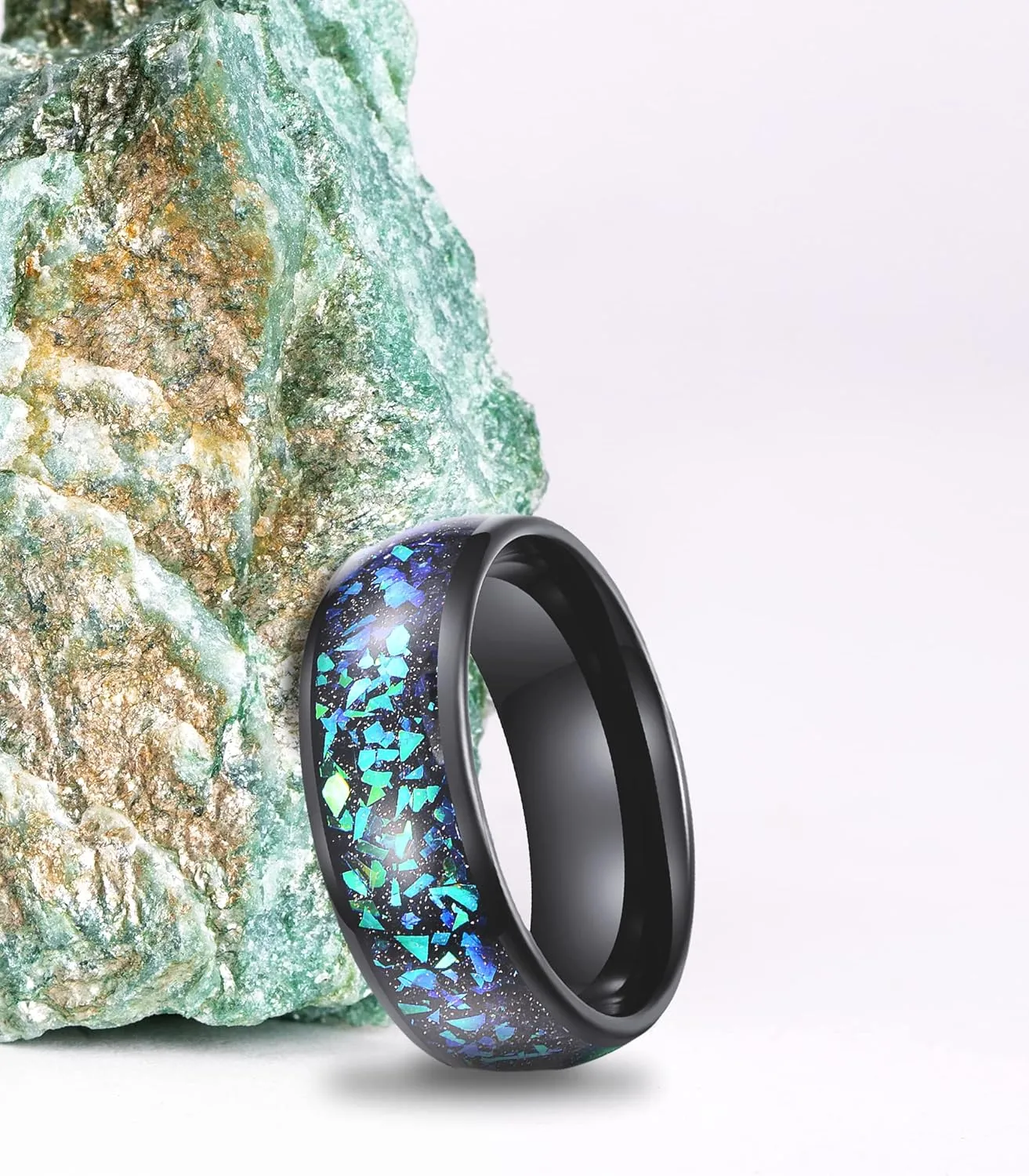 Truly Alpha Tungsten Rings for Men - Galaxy Style Mens Wedding Ring | 8mm, Green and Blue Crushed Opal Inlay Ring | Opal Inlay wedding bands for him and her | Unisex Tungsten Carbide Mens Rings