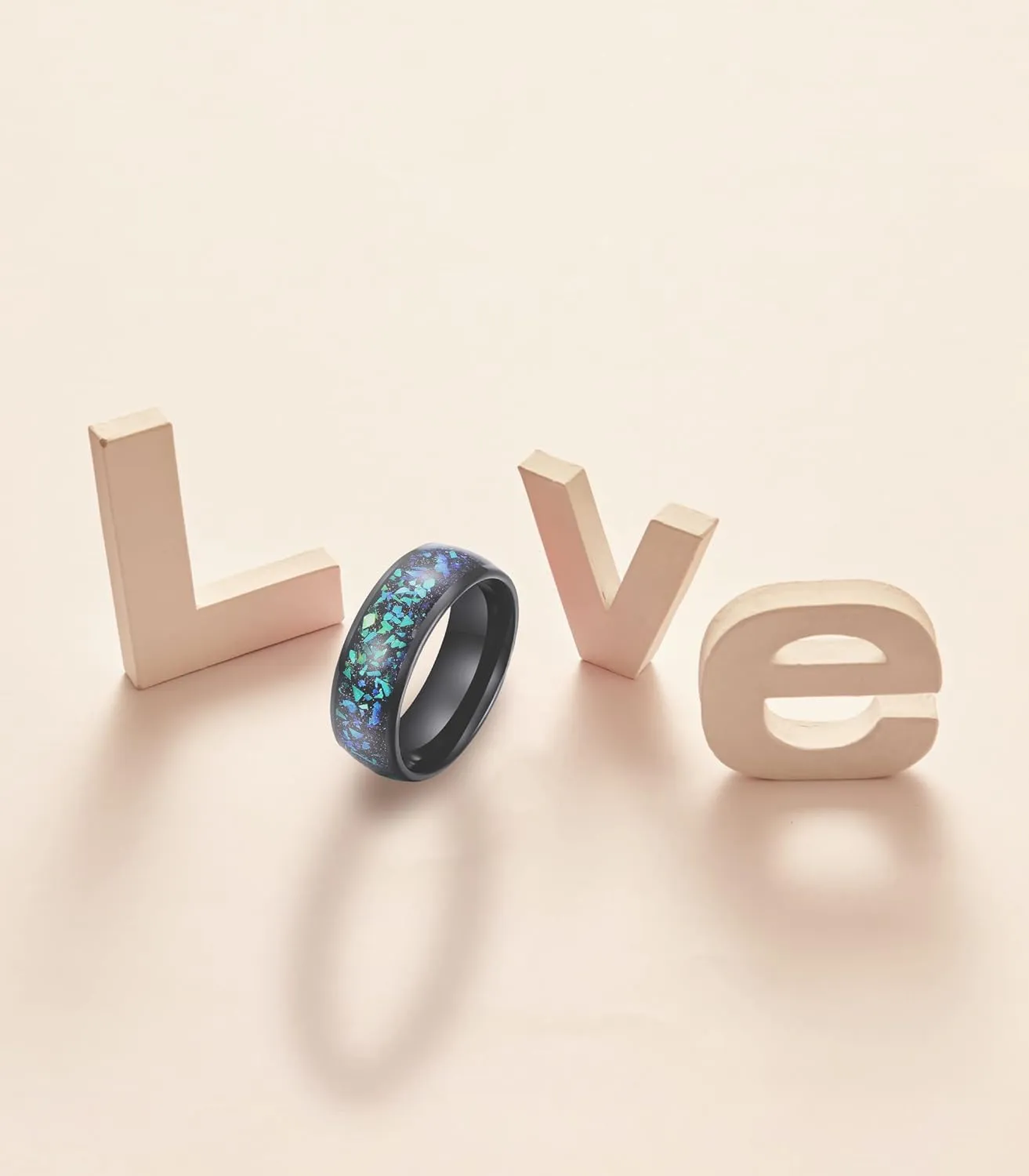 Truly Alpha Tungsten Rings for Men - Galaxy Style Mens Wedding Ring | 8mm, Green and Blue Crushed Opal Inlay Ring | Opal Inlay wedding bands for him and her | Unisex Tungsten Carbide Mens Rings