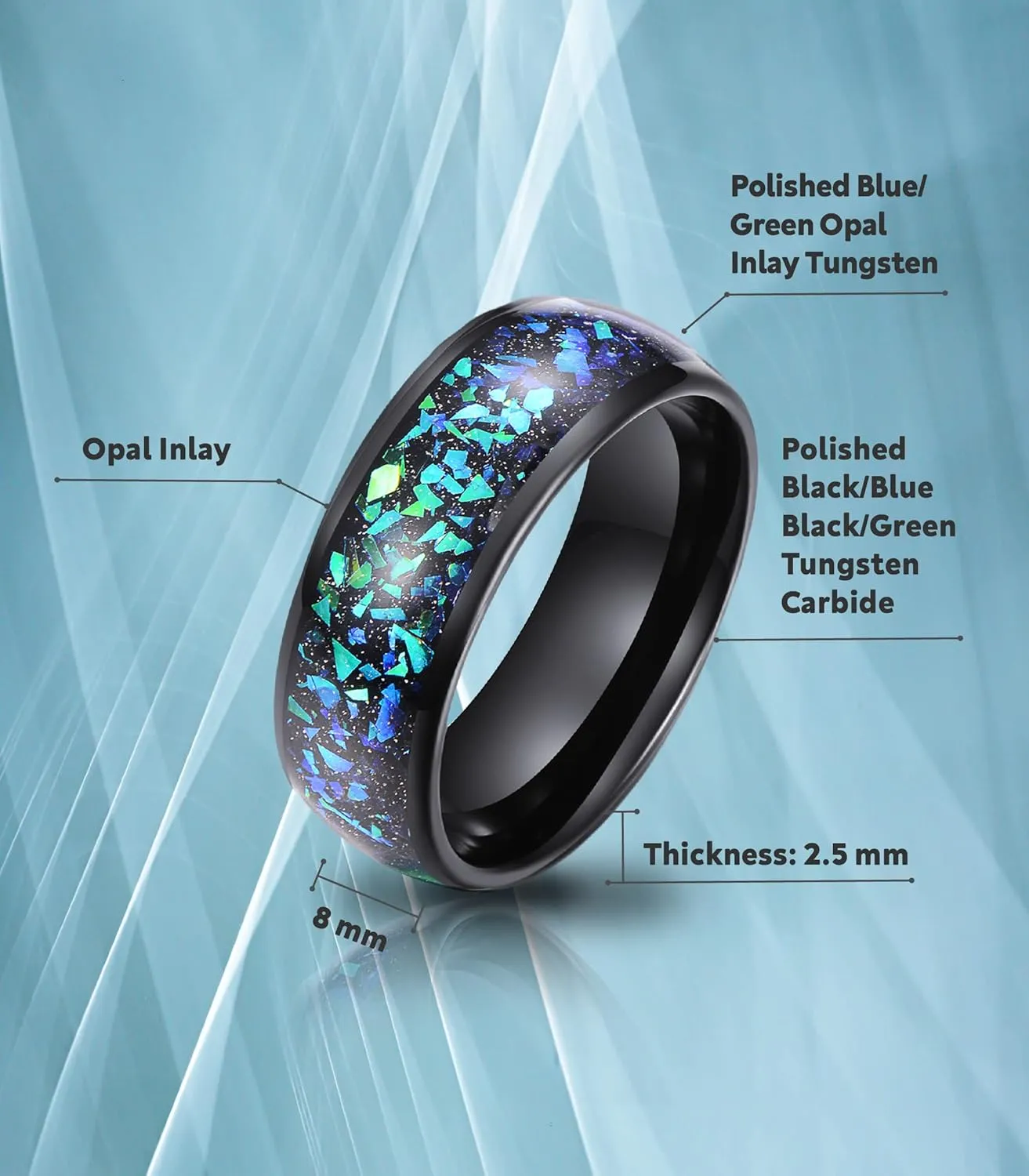 Truly Alpha Tungsten Rings for Men - Galaxy Style Mens Wedding Ring | 8mm, Green and Blue Crushed Opal Inlay Ring | Opal Inlay wedding bands for him and her | Unisex Tungsten Carbide Mens Rings