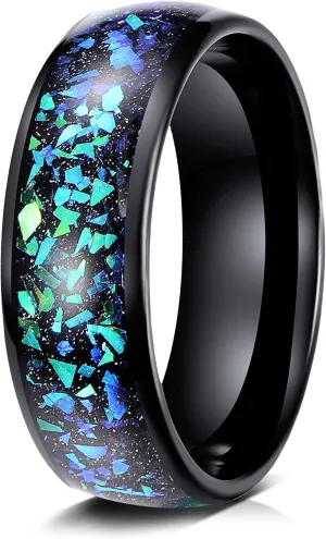Truly Alpha Tungsten Rings for Men - Galaxy Style Mens Wedding Ring | 8mm, Green and Blue Crushed Opal Inlay Ring | Opal Inlay wedding bands for him and her | Unisex Tungsten Carbide Mens Rings