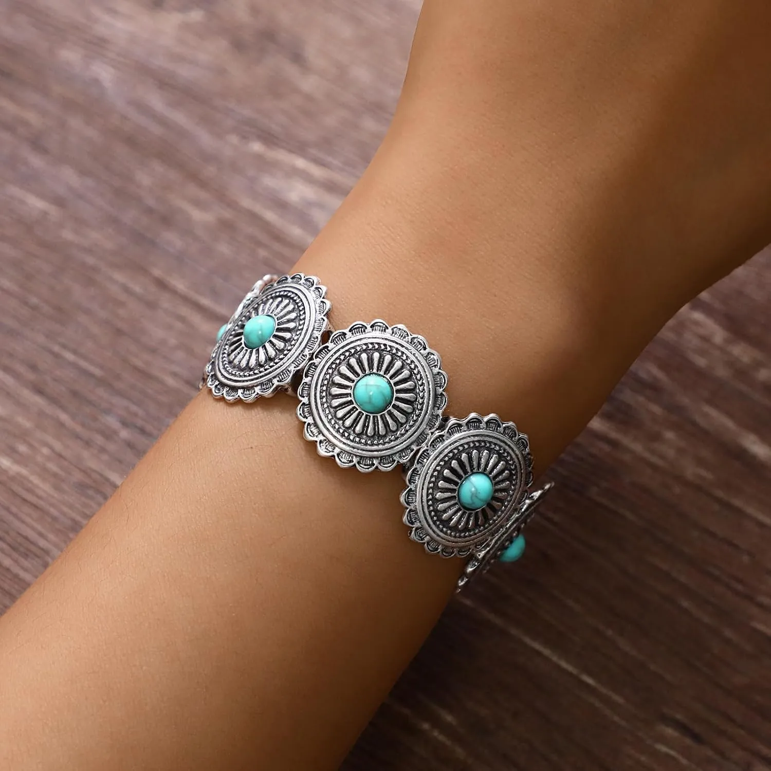 Turquoise Bracelet for Women Boho Bracelets Vintage Western Cowgirl Bangle Bracelet Stretch Turquoise Jewelry