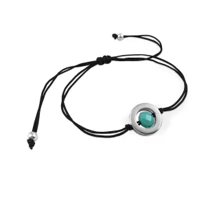 Turquoise Teal Faceted Murano Bead Charm Bracelet, Black String holds Sterling Silver Open Circle Link with Small Star Cut Murano Bead, Adjustable Thread Cord, Friendship Bracelet
