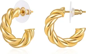 Twisted Hoop Earrings 14K Gold Plated Chunky Open Hoops High Polished Thick Rope Hypoallergenic Earrings for Women Jewelry Gift