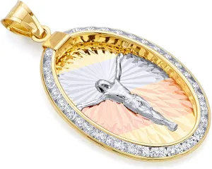 TWJC 14k REAL Tri Color Gold Jesus Medal Charm Pendant (Size : 30 x 15 mm)