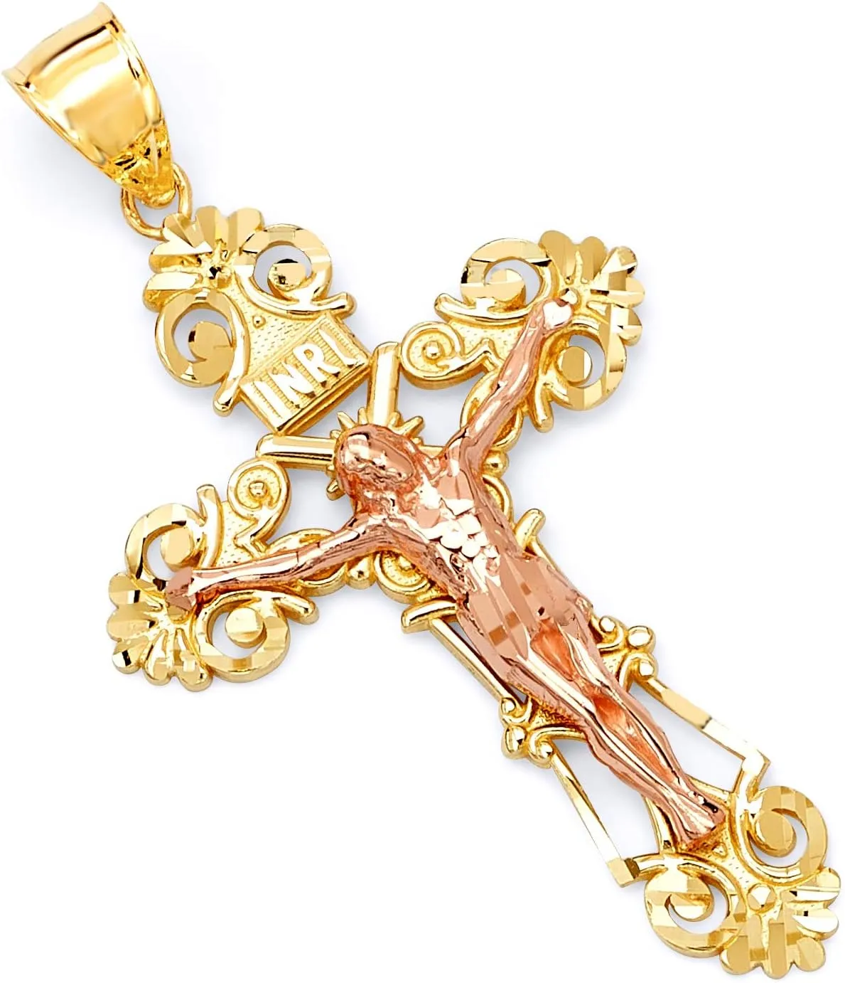 TWJC 14k REAL Two Tone Gold Religious Crucifix Jesus Cross Charm Pendant