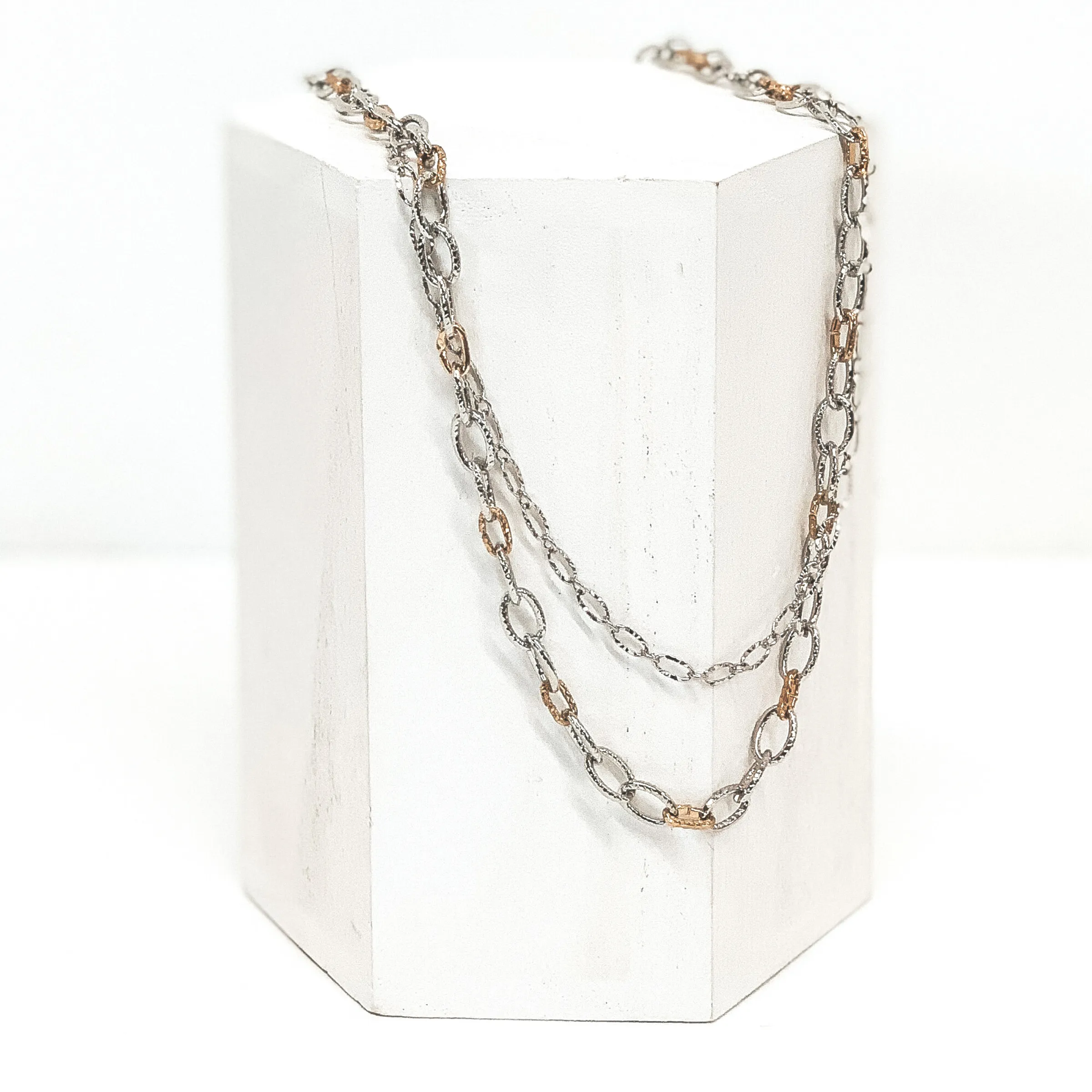 Two Strand Hammered Chain Link Necklace with Gold Spacers in Silver
