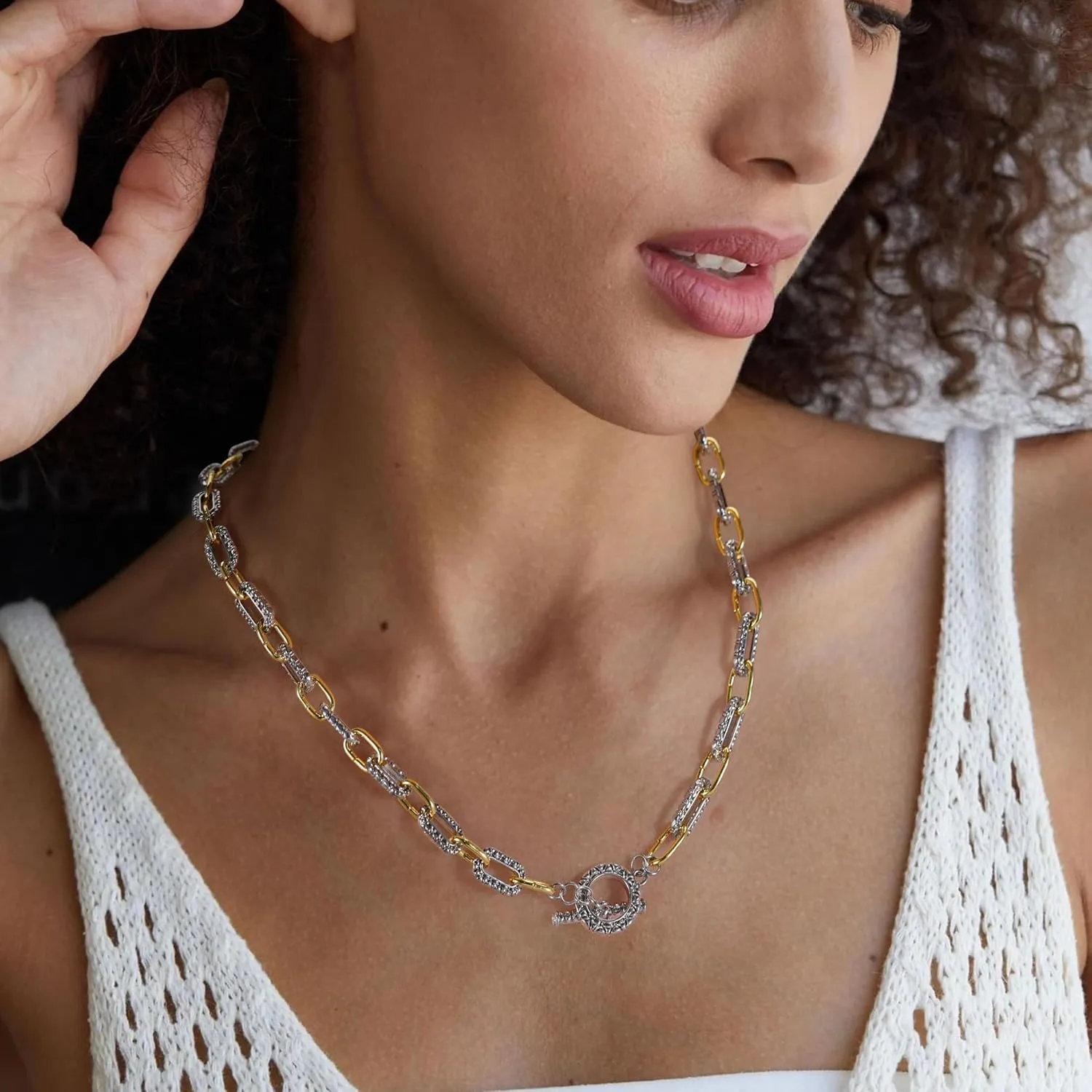 Two Tone Wire Cable Necklace Gold and Silver Link Chain Adjustable 18K Gold Plated Twist Vintage Classic Jewelry