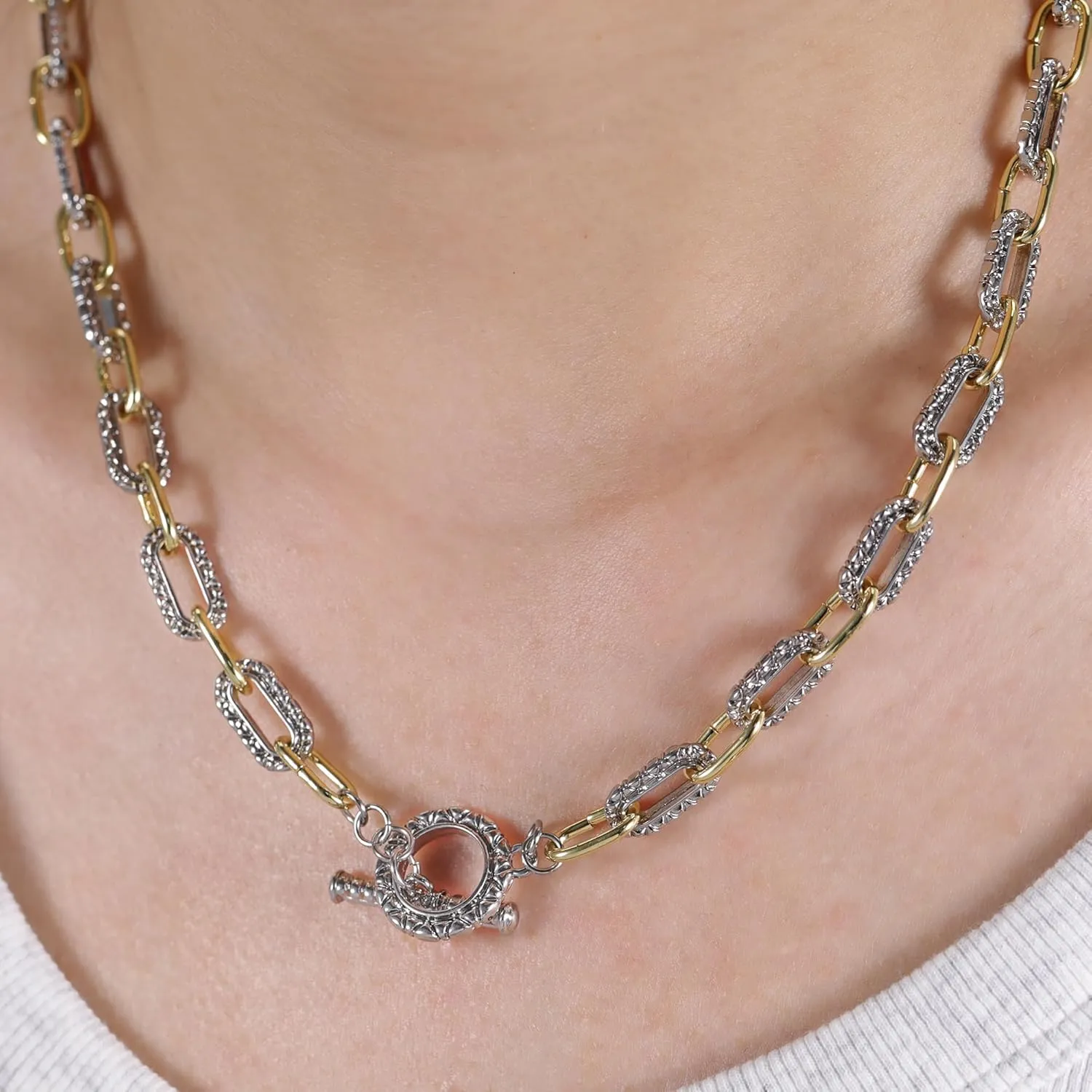 Two Tone Wire Cable Necklace Gold and Silver Link Chain Adjustable 18K Gold Plated Twist Vintage Classic Jewelry