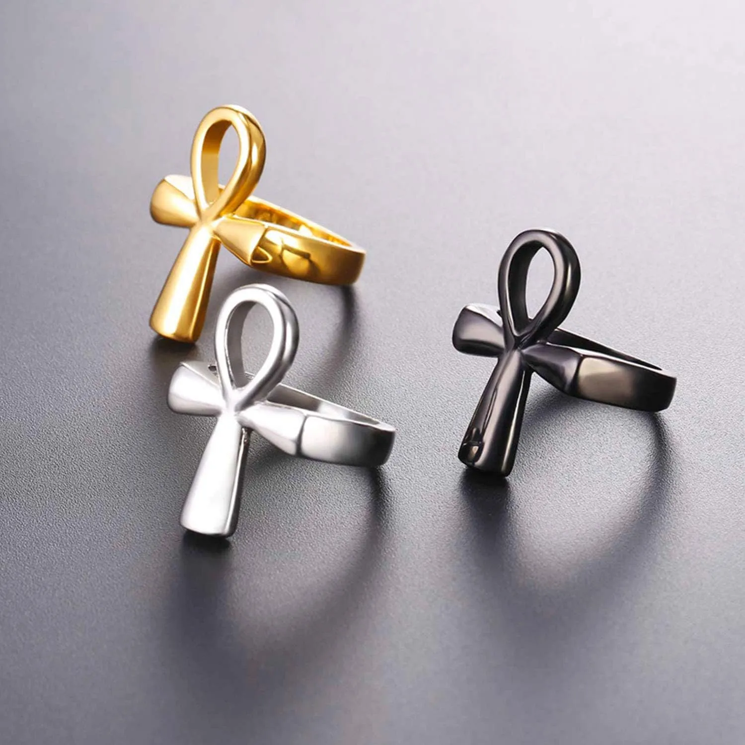 U7 Jewelry Ankh Rings Ancient Egyptian Eye of Ra Horus Ring Stainless Steel/Gold Plated/Black Color Egypt Symbol Rings for Men Women