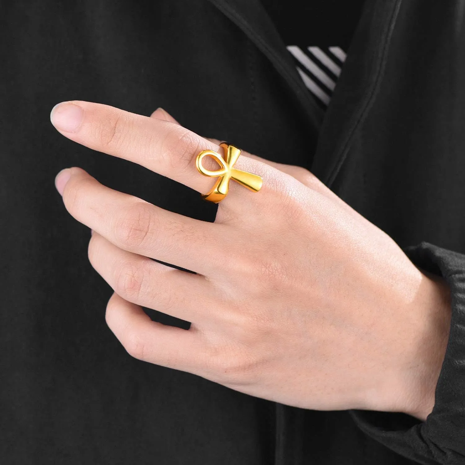 U7 Jewelry Ankh Rings Ancient Egyptian Eye of Ra Horus Ring Stainless Steel/Gold Plated/Black Color Egypt Symbol Rings for Men Women