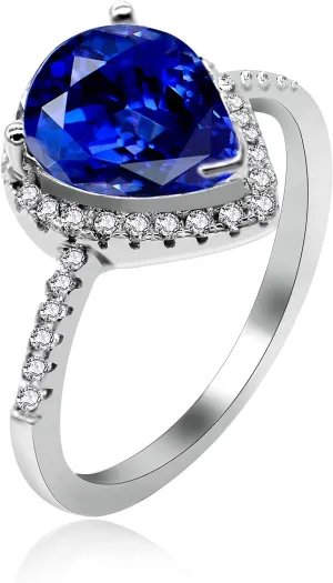 Uloveido 925 Sterling Silver Teardrop Shaped AAA Cubic Zirconia CZ Halo Promise Engagement Ring for Her (Blue, White) JZ116