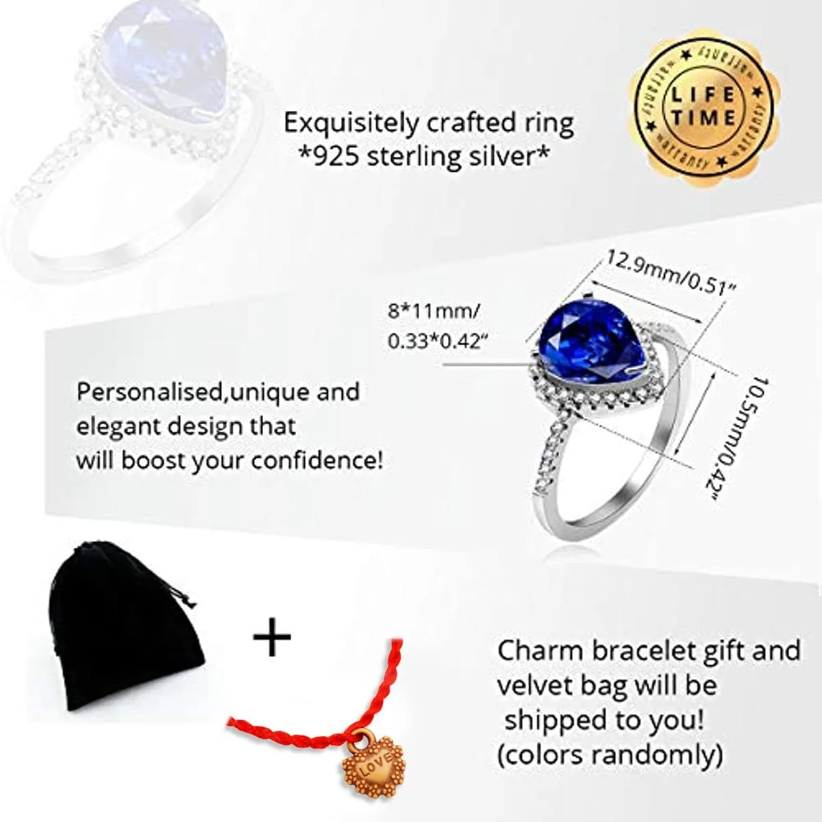 Uloveido 925 Sterling Silver Teardrop Shaped AAA Cubic Zirconia CZ Halo Promise Engagement Ring for Her (Blue, White) JZ116