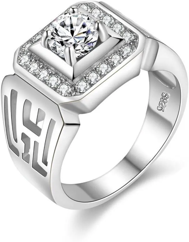Uloveido Wide Square Brilliant Cut Platinum &Gold Plated Rings with Shiny Cubic Zirconia Luxurious Rings Wedding Band for Men JX001 Size 7 8 9 10 11
