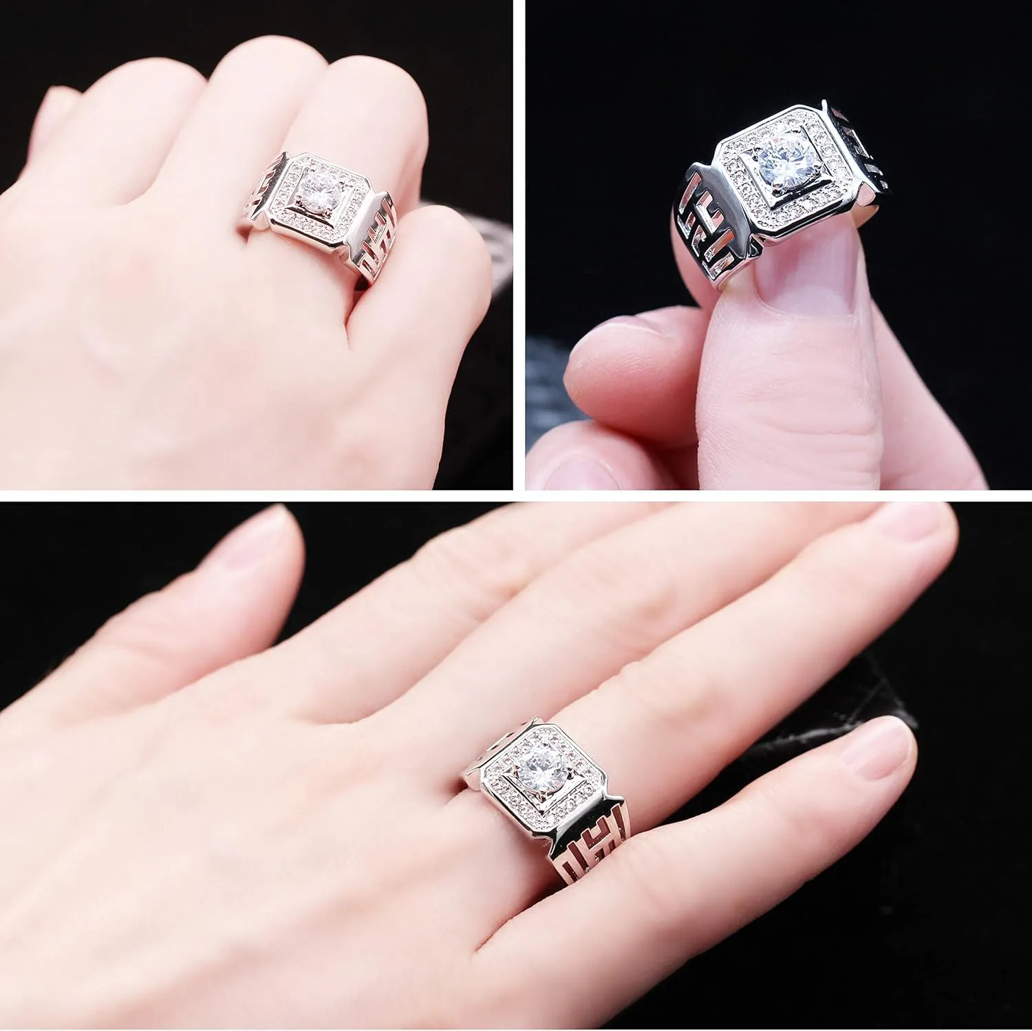 Uloveido Wide Square Brilliant Cut Platinum &Gold Plated Rings with Shiny Cubic Zirconia Luxurious Rings Wedding Band for Men JX001 Size 7 8 9 10 11