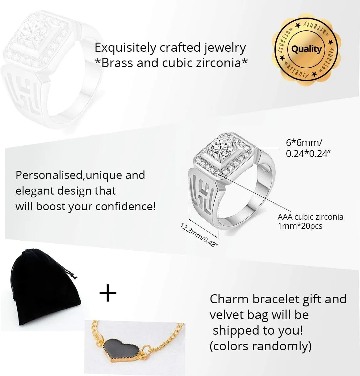 Uloveido Wide Square Brilliant Cut Platinum &Gold Plated Rings with Shiny Cubic Zirconia Luxurious Rings Wedding Band for Men JX001 Size 7 8 9 10 11