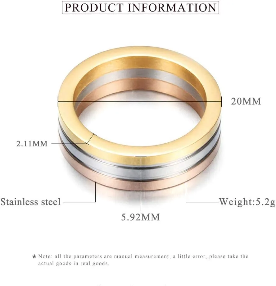 Unisex Tri-Color Stainless Steel Engagement Wedding Band Rings for Women and Men 6mm Wide