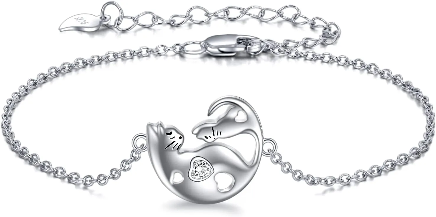 URONE Cat Bracelet Sterling Silver Cats Bracelets Kitten Bracelet Cat Jewelry Gifts for Women Cat Lovers